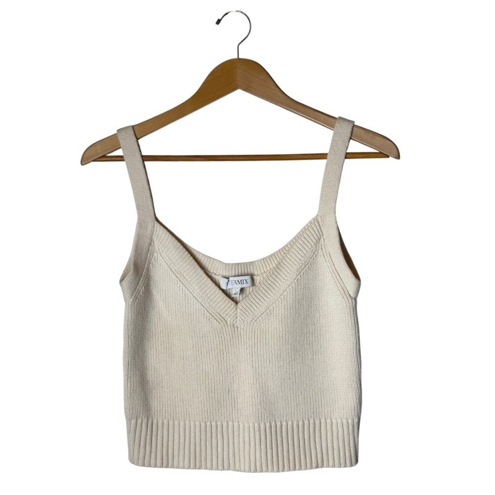 INTERMIX Tank Top Women Large Ivory Ribbed Knit‎ Cotton Silk Blend V Neck Preppy